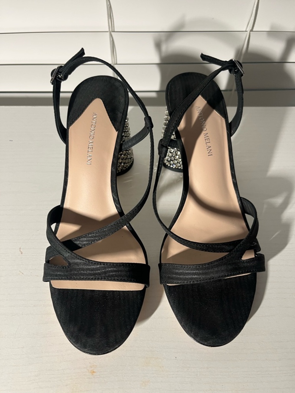 ANTONIO MELANI Black Satin Strappy Sandals with Jeweled Block Heel